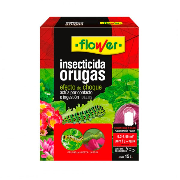 Flower Antiorugas Insecticida 15 ml – Insecticida Polivalente de Contacto e Ingestión para Orugas, Pulgones y Mosca Blanca, Respetuoso con la Fauna Beneficiosa