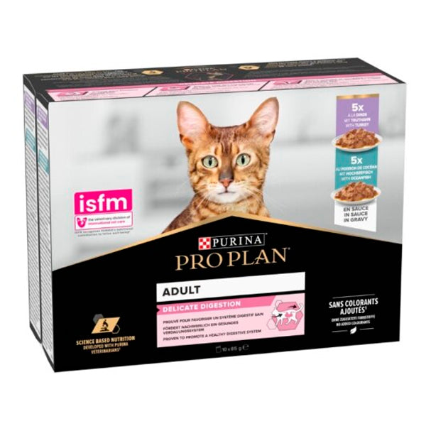 Proplan Purina Delicate: Deliciosa Comida Húmeda para Gatos con Pavo y Pescado - 10 Sobres de 85g